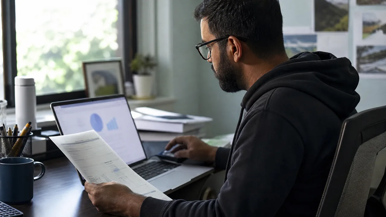 Developer at a desk comparing a printed monthly cloud hosting invoice with a laptop
