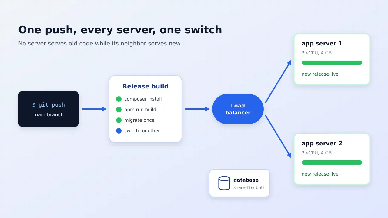 Diagram of a git push building one release, then switching two Laravel app servers behind a load balancer at the same time, with a shared database