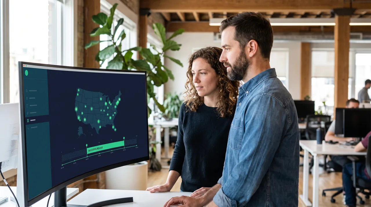 Two engineers reviewing a deployment dashboard with server status across several US regions
