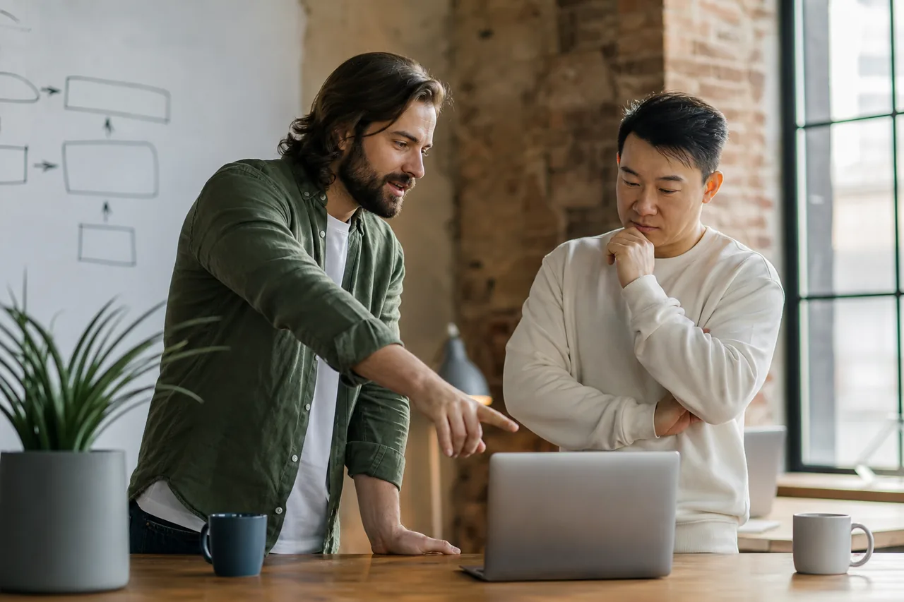 Two developers at an agency office discussing a client Drupal release next to a whiteboard deployment sketch