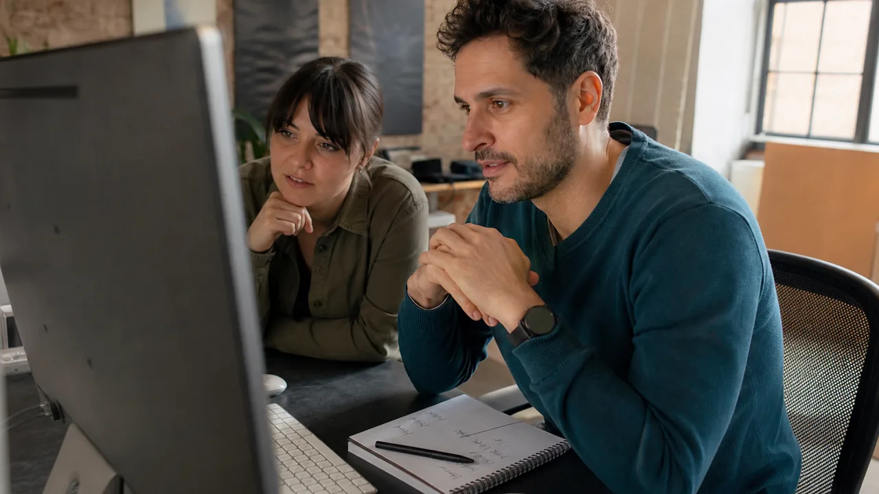 Two people at a web agency desk reviewing a list of client websites on a monitor