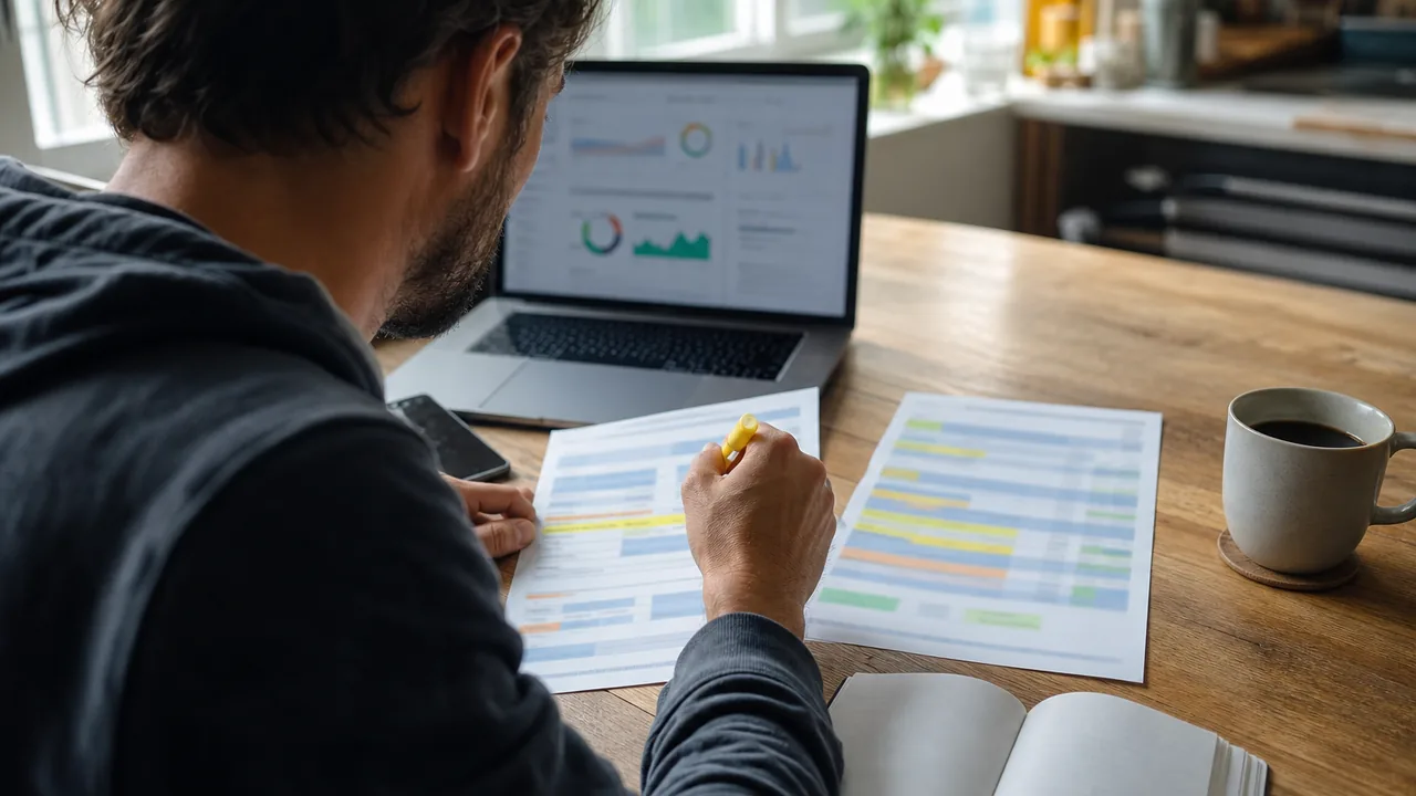 Startup founder comparing two printed cloud hosting invoices with a highlighter at a kitchen table workspace