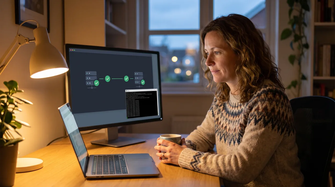 Developer in a lamp lit home office watching a deployment run on a laptop and a monitor