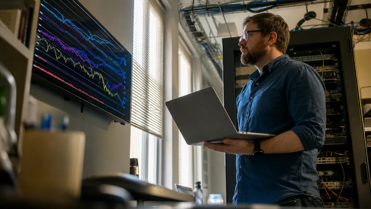 Backend developer watching queue throughput graphs on a wall monitor while a laptop shows a terminal, late afternoon in a small engineering office