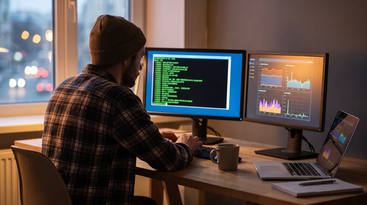 Agency developer at a desk with a terminal on one monitor and a server dashboard on the other during a WordPress release