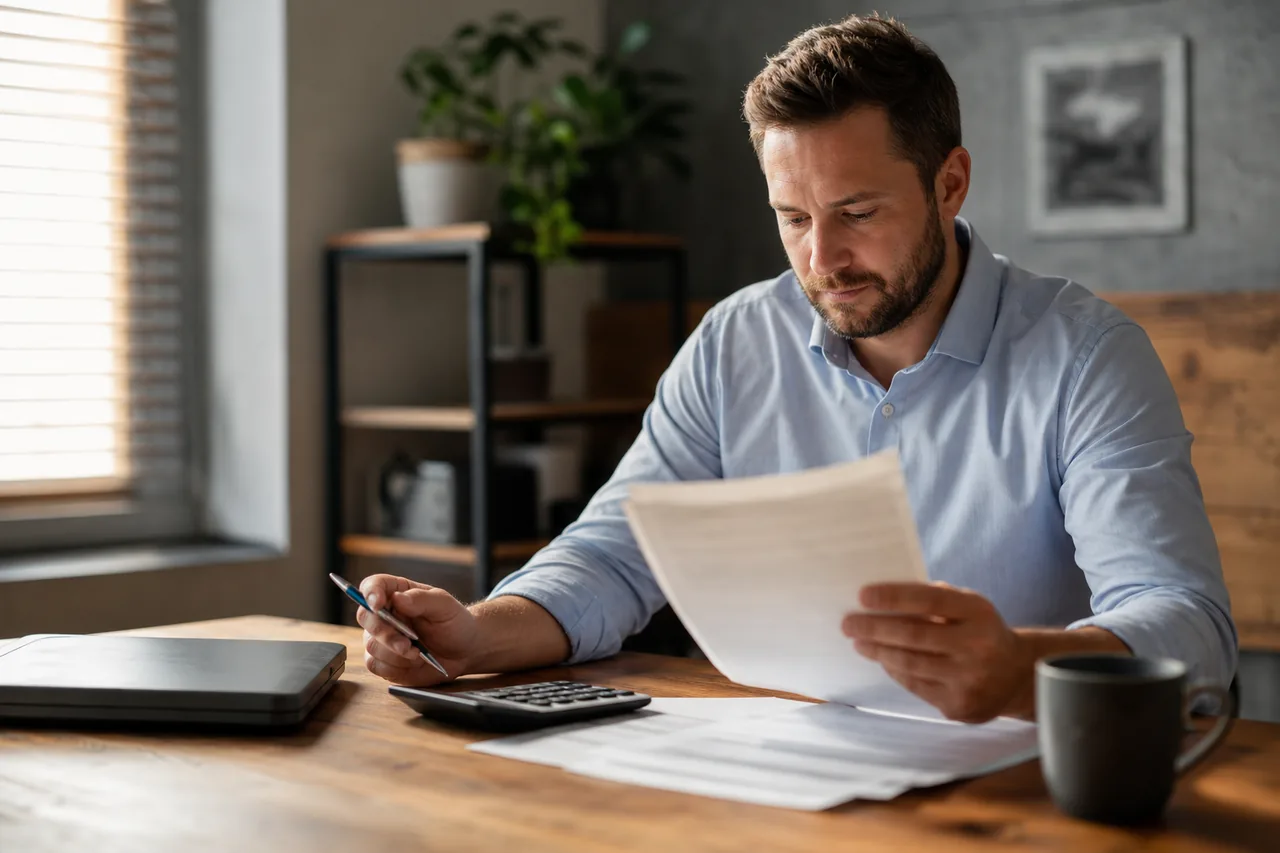 Agency owner checking a monthly hosting invoice with a calculator before renewing site plans
