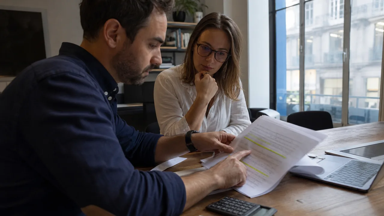 Agency lead and finance manager reviewing a printed hosting cost breakdown at a meeting table